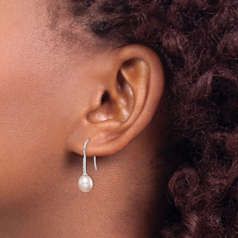Sterling Silver Rhodium-Plated Polished Pink 7-8mm Freshwater Cultured Pearl & Cz Dangle Earrings
