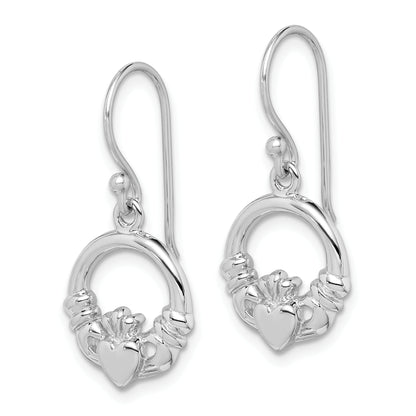 Sterling Silver Rhodium-Plated Polished Claddagh Dangle Earrings