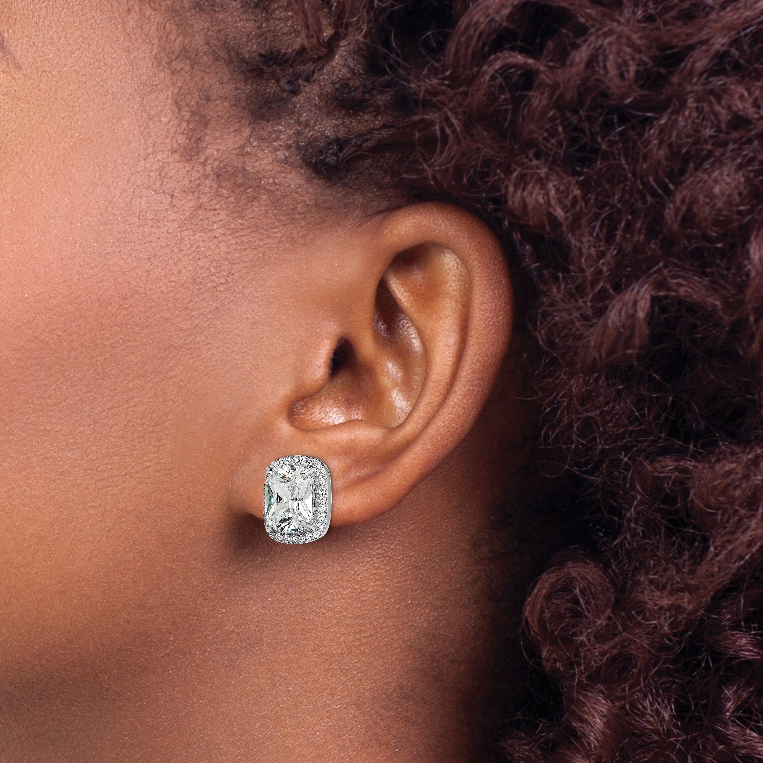 Sterling Silver Rh-Plated Polished 10X8mm Cushion Cz Halo Post Earrings