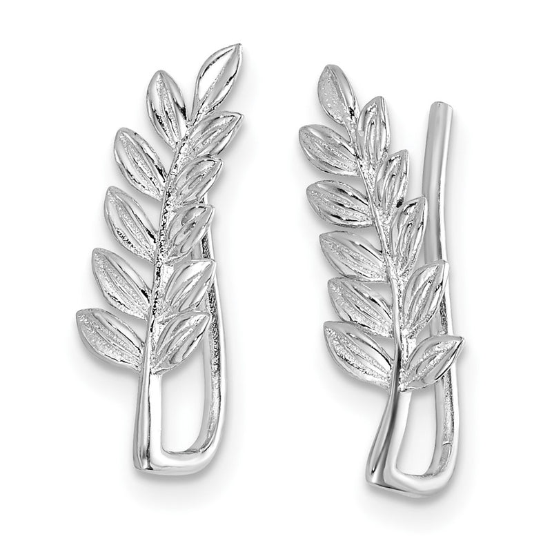 Sterling Silver Rhodium-Plated Polished & Textured Leaf Ear Climber Earring