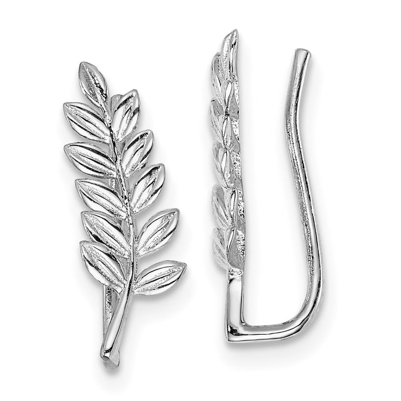 Sterling Silver Rhodium-Plated Polished & Textured Leaf Ear Climber Earring