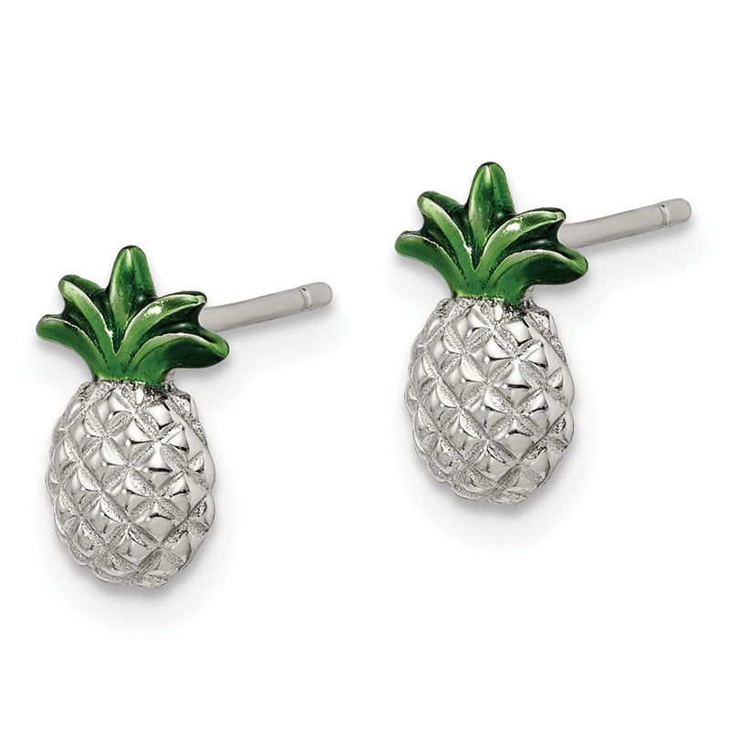 Sterling Silver Rhod-Plated Pineapple W/Green Enamel Post Earrings