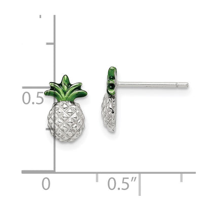 Sterling Silver Rhod-Plated Pineapple W/Green Enamel Post Earrings