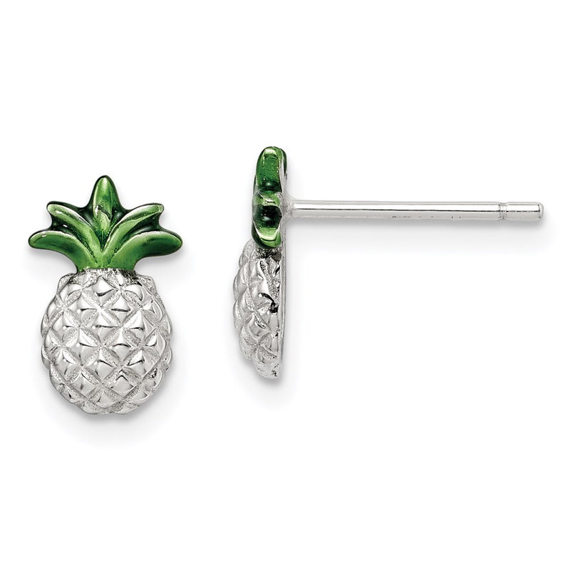Sterling Silver Rhod-Plated Pineapple W/Green Enamel Post Earrings