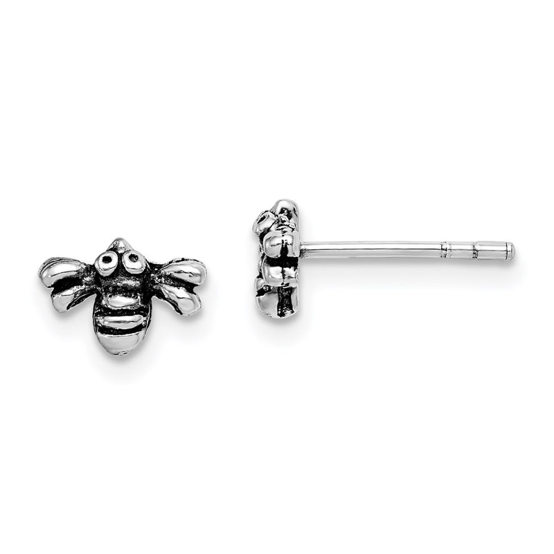 Sterling Silver Rhodium-Plated Antiqued Bee Post Earrings