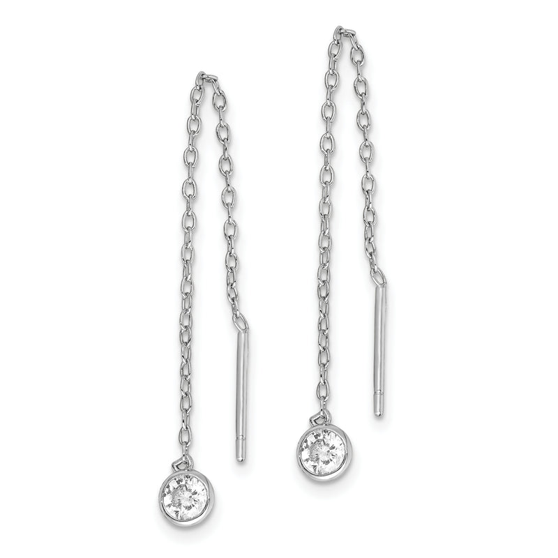 Sterling Silver Rhodium-Plated Cz Bezel Chain Threader Earrings