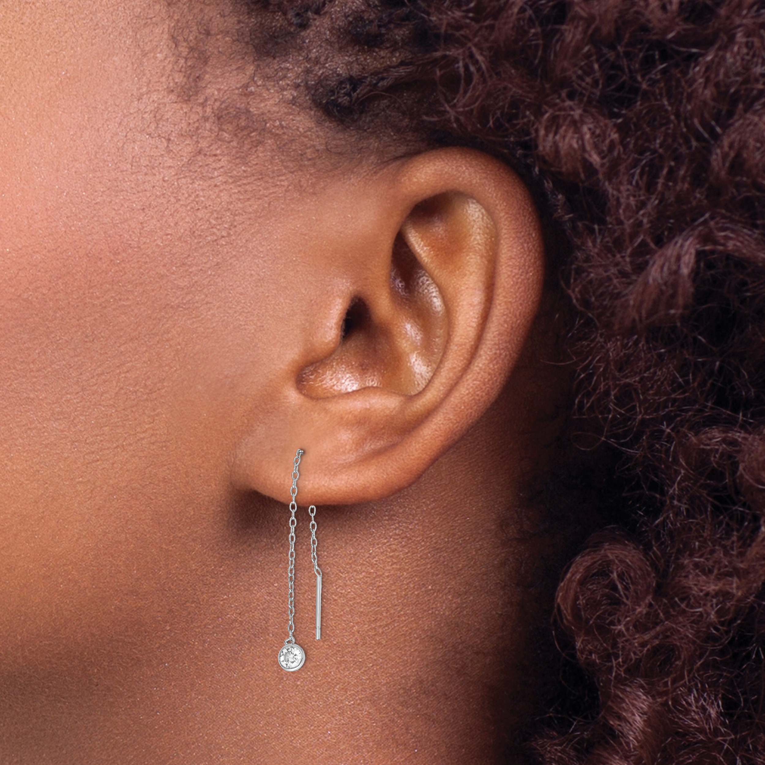 Sterling Silver Rhodium-Plated Cz Bezel Chain Threader Earrings