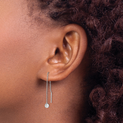Sterling Silver Rhodium-Plated Cz Bezel Chain Threader Earrings