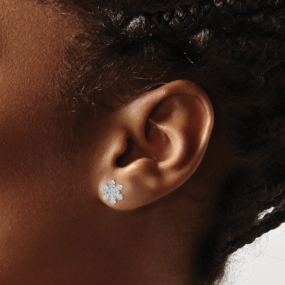 Sterling Silver Rhodium-Plated Cz Snowflake Post Earrings