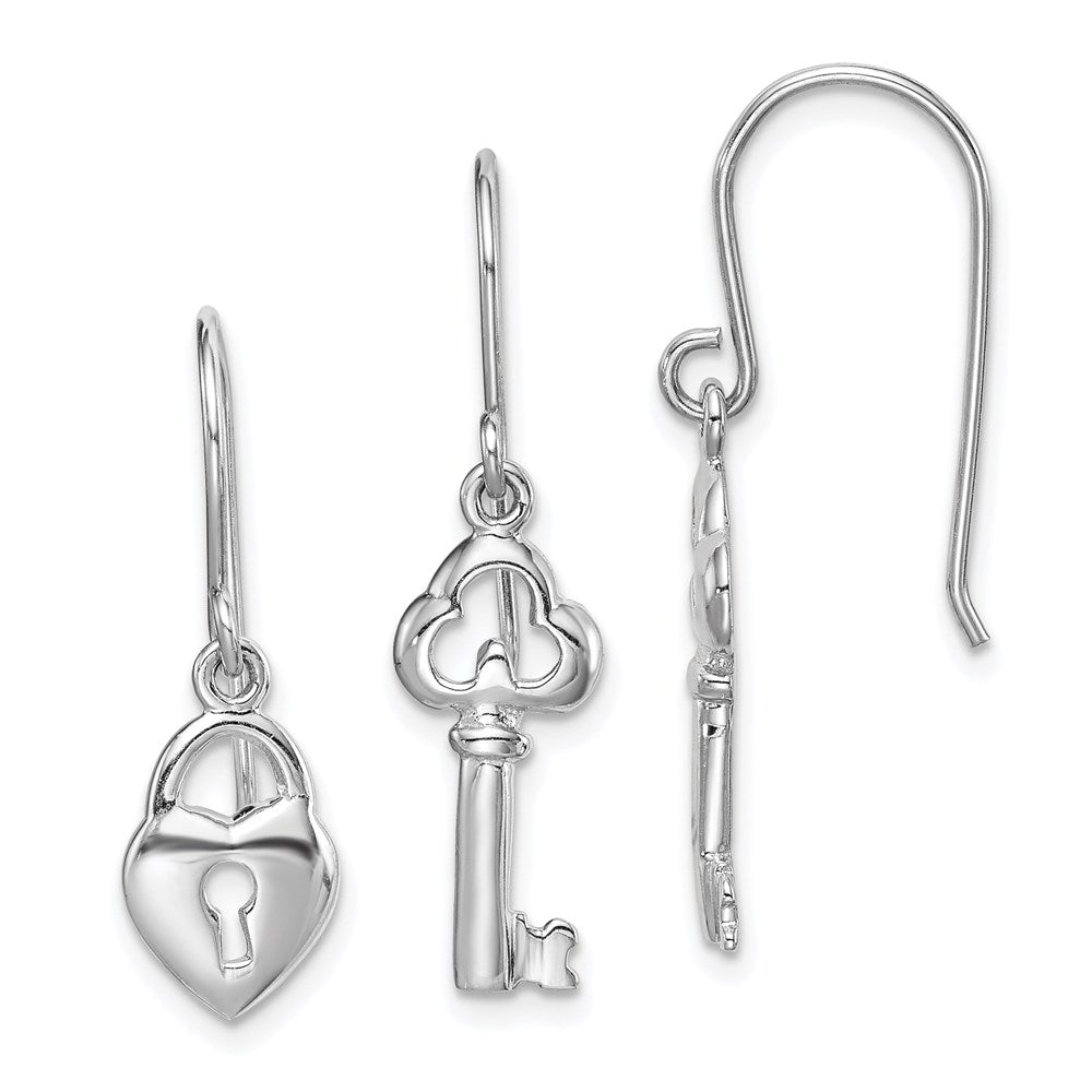 Sterling Silver Rhodium-Plated Lock And Key Dangle Earring