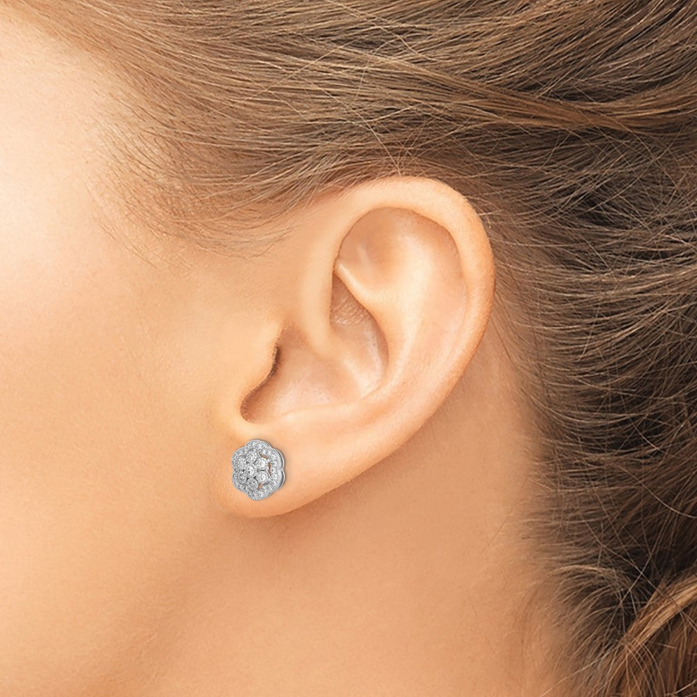 Sterling Silver Rhodium-Plated Polished Cz Flower Post Earrings