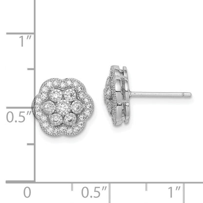 Sterling Silver Rhodium-Plated Polished Cz Flower Post Earrings