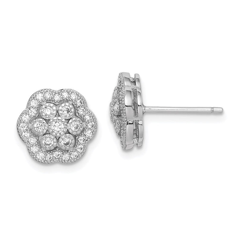 Sterling Silver Rhodium-Plated Polished Cz Flower Post Earrings