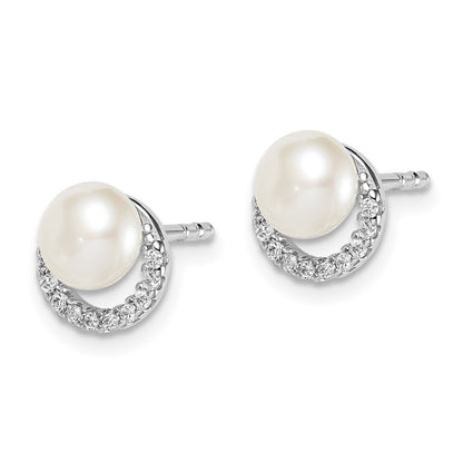Sterling Silver Rhodium Plated Fwc Pearl Cz Post Earrings