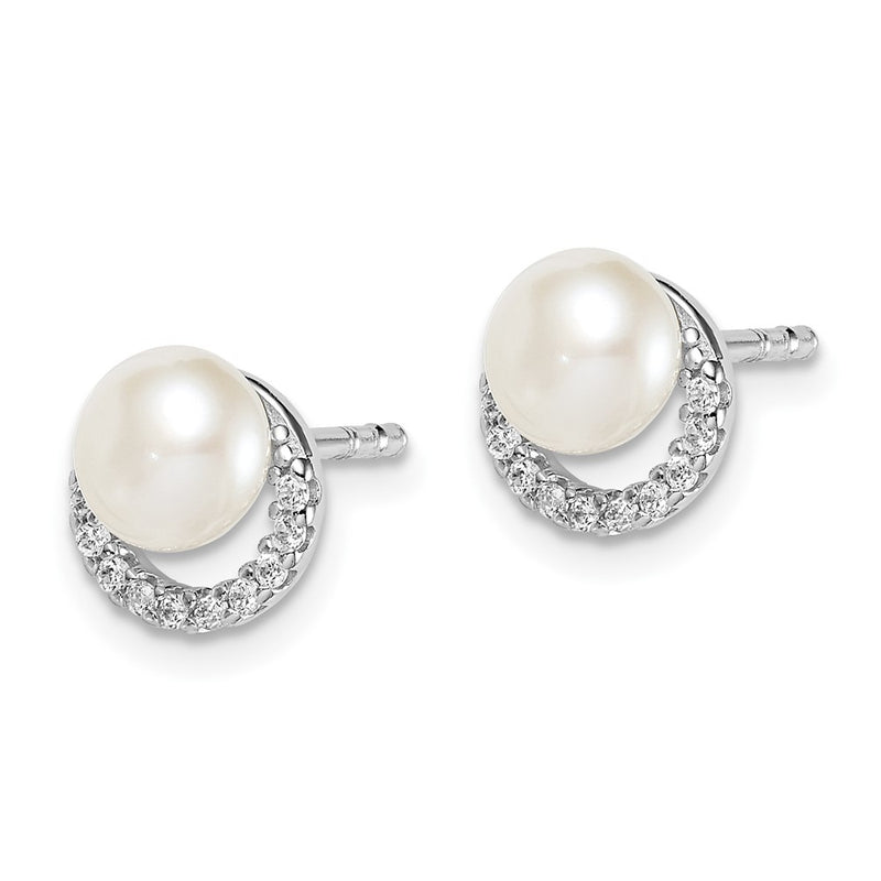 Sterling Silver Rhodium Plated Fwc Pearl Cz Post Earrings