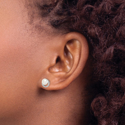 Sterling Silver Rhodium Plated Fwc Pearl Cz Post Earrings