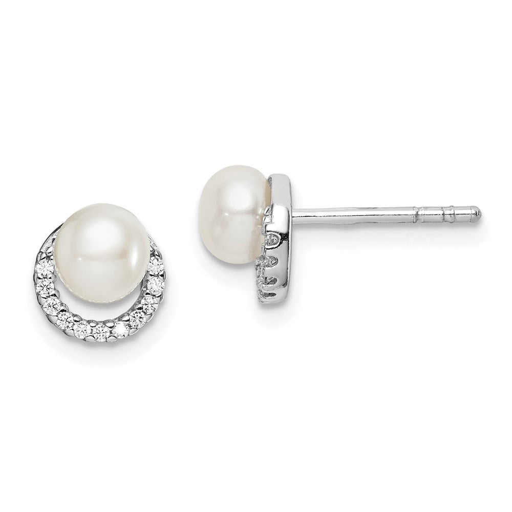 Sterling Silver Rhodium Plated Fwc Pearl Cz Post Earrings