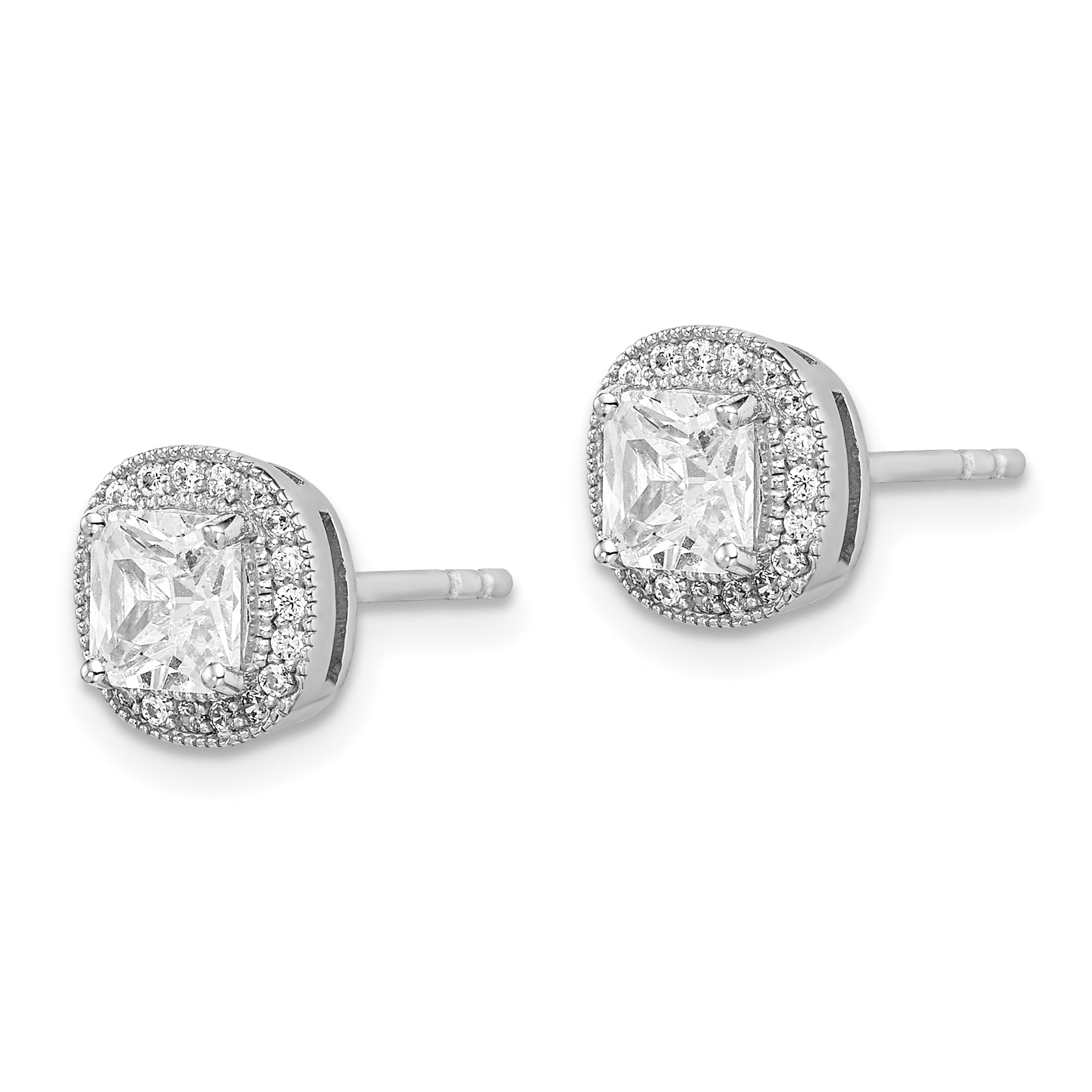 Sterling Silver Rh-Plated Polished & Textured 5mm Cz Halo Post Earrings