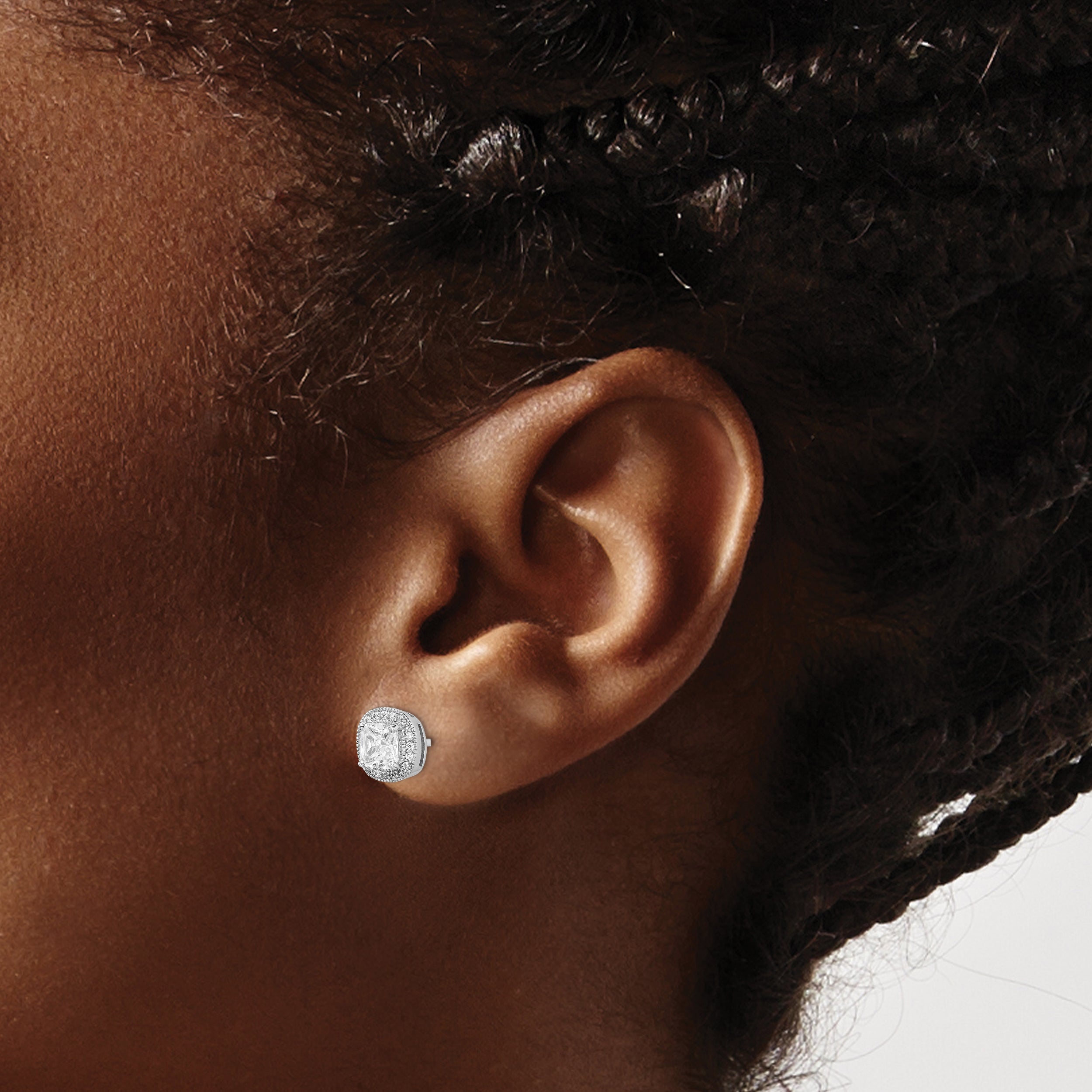 Sterling Silver Rh-Plated Polished & Textured 5mm Cz Halo Post Earrings