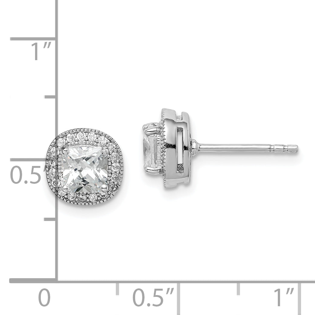 Sterling Silver Rh-Plated Polished & Textured 5mm Cz Halo Post Earrings