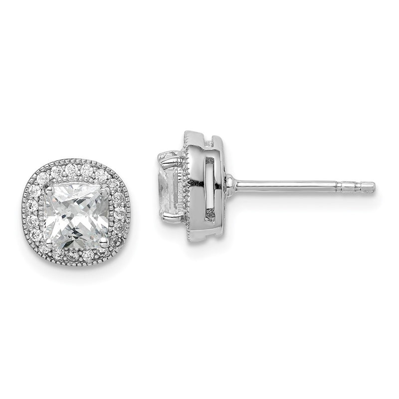 Sterling Silver Rh-Plated Polished & Textured 5mm Cz Halo Post Earrings