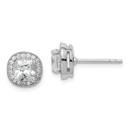 Sterling Silver Rh-Plated Polished & Textured 5mm Cz Halo Post Earrings