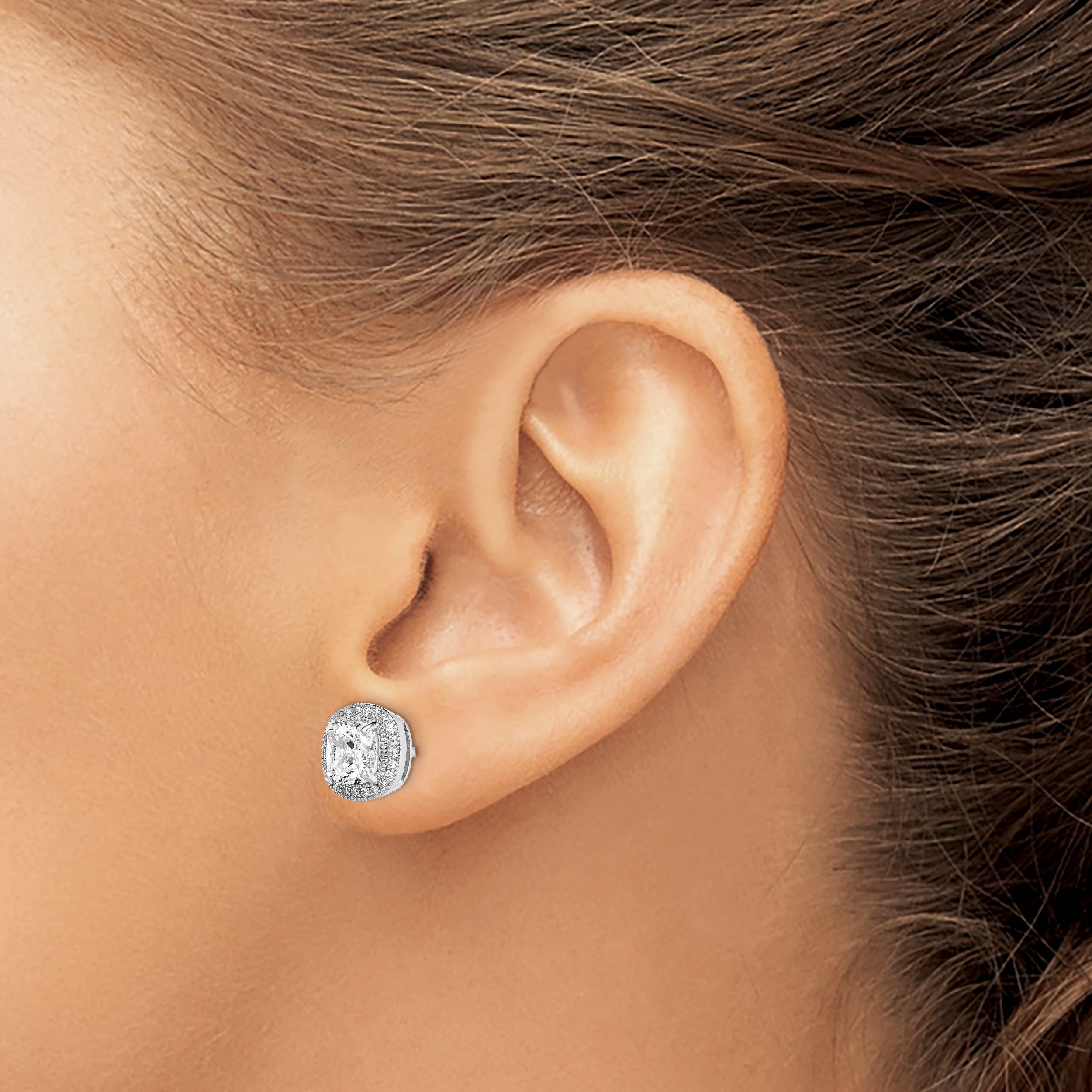 Sterling Silver Rh-Plated Polished & Textured 6mm Cz Halo Post Earrings