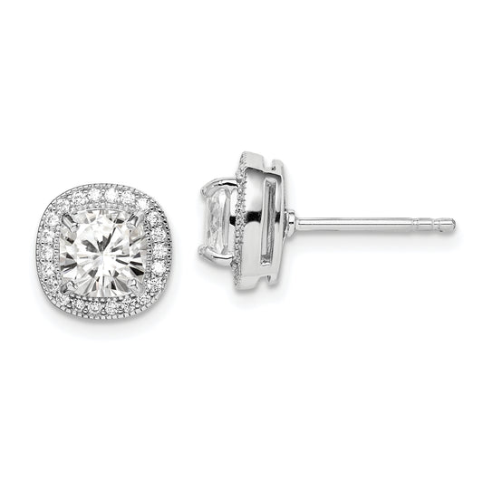 Sterling Silver Rh-Plated Polished & Textured 6mm Cz Halo Post Earrings