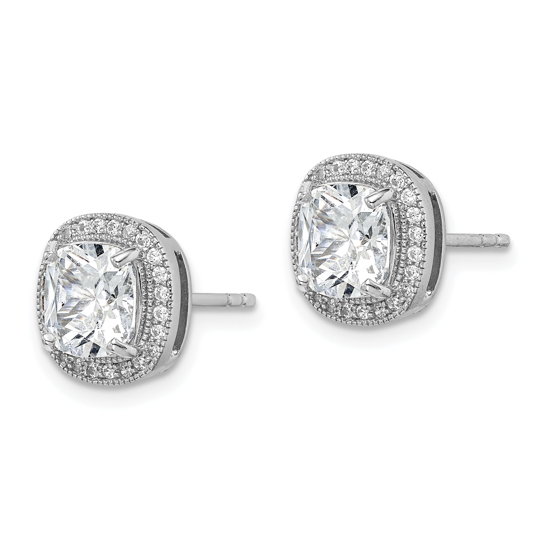 Sterling Silver Rh-Plated Polished & Textured 7mm Cz Halo Post Earrings