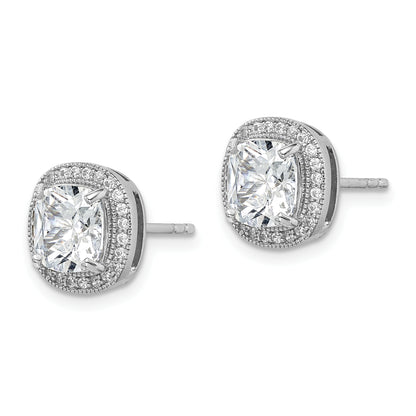 Sterling Silver Rh-Plated Polished & Textured 7mm Cz Halo Post Earrings