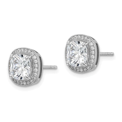 Sterling Silver Rh-Plated Polished & Textured 7mm Cz Halo Post Earrings