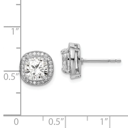 Sterling Silver Rh-Plated Polished & Textured 7mm Cz Halo Post Earrings