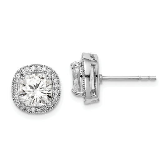 Sterling Silver Rh-Plated Polished & Textured 7mm Cz Halo Post Earrings