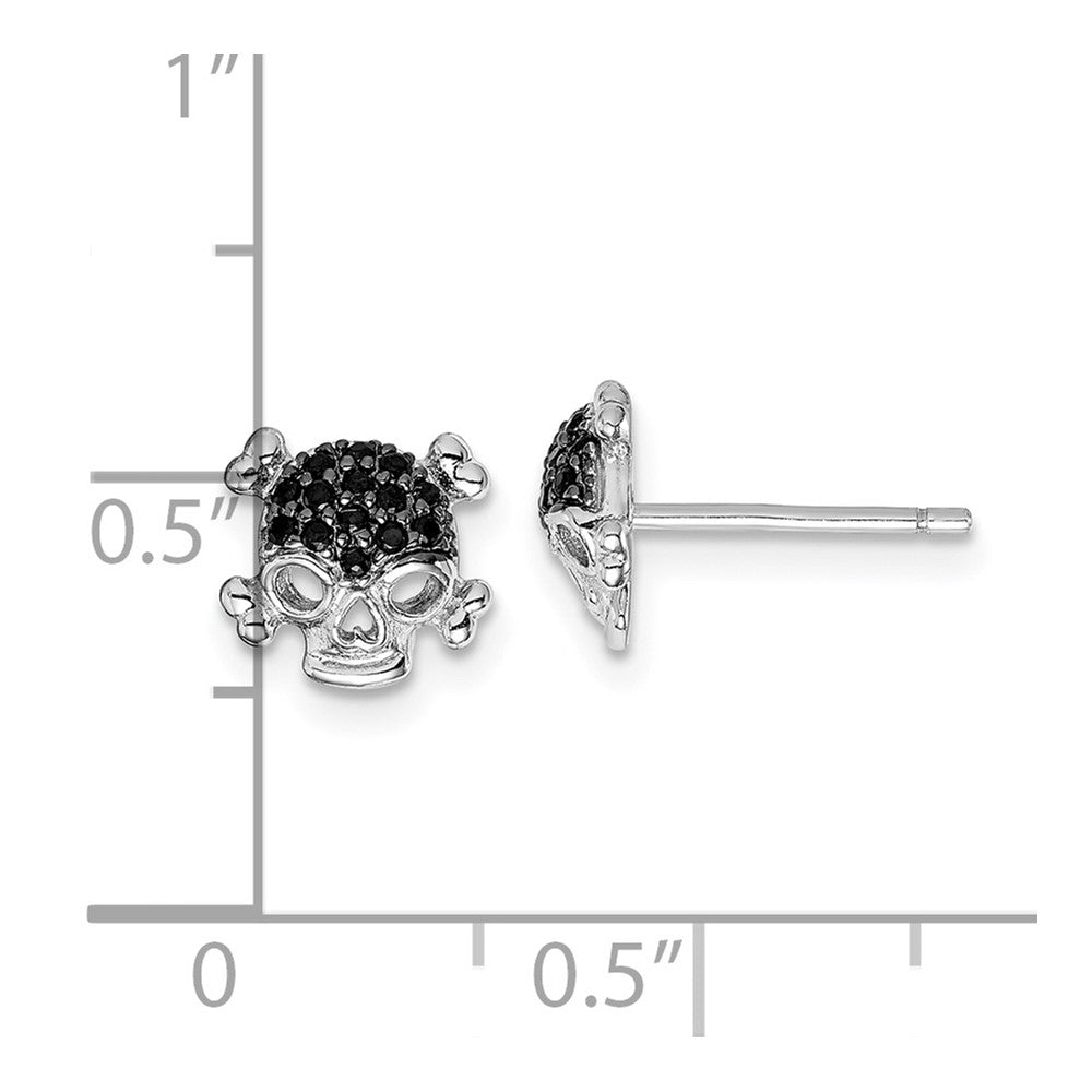 Sterling Silver Rhodium-Plated Black Cz Skull Post Earrings