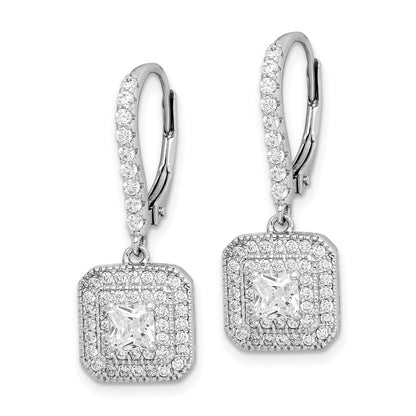 Sterling Silver Rhodium-Plated Polished Cz Square Leverback Earrings