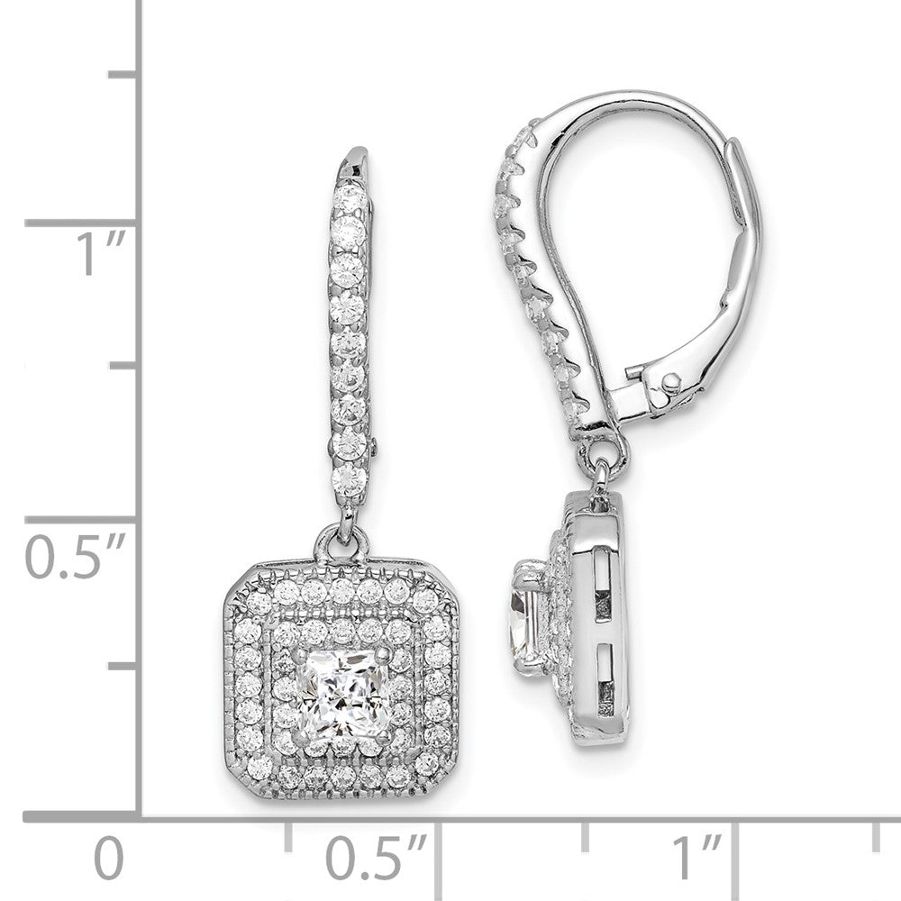 Sterling Silver Rhodium-Plated Polished Cz Square Leverback Earrings