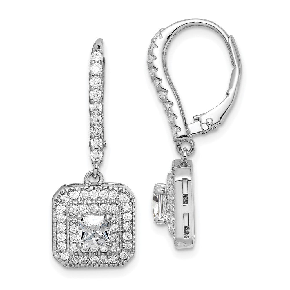 Sterling Silver Rhodium-Plated Polished Cz Square Leverback Earrings
