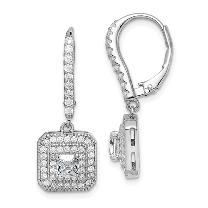 Sterling Silver Rhodium-Plated Polished Cz Square Leverback Earrings