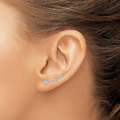 Sterling Silver Rhodium-Plated Polished Cz Three Star Ear Climber Earrings