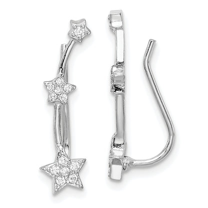 Sterling Silver Rhodium-Plated Polished Cz Three Star Ear Climber Earrings