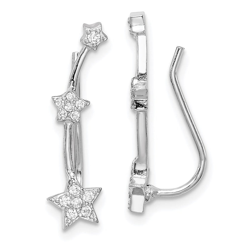 Sterling Silver Rhodium-Plated Polished Cz Three Star Ear Climber Earrings
