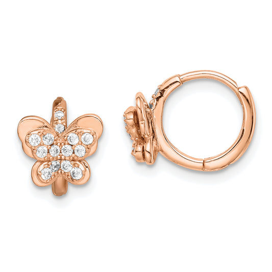 Sterling Silver Rose-Tone Cz Butterfly Hinged Hoop Earrings