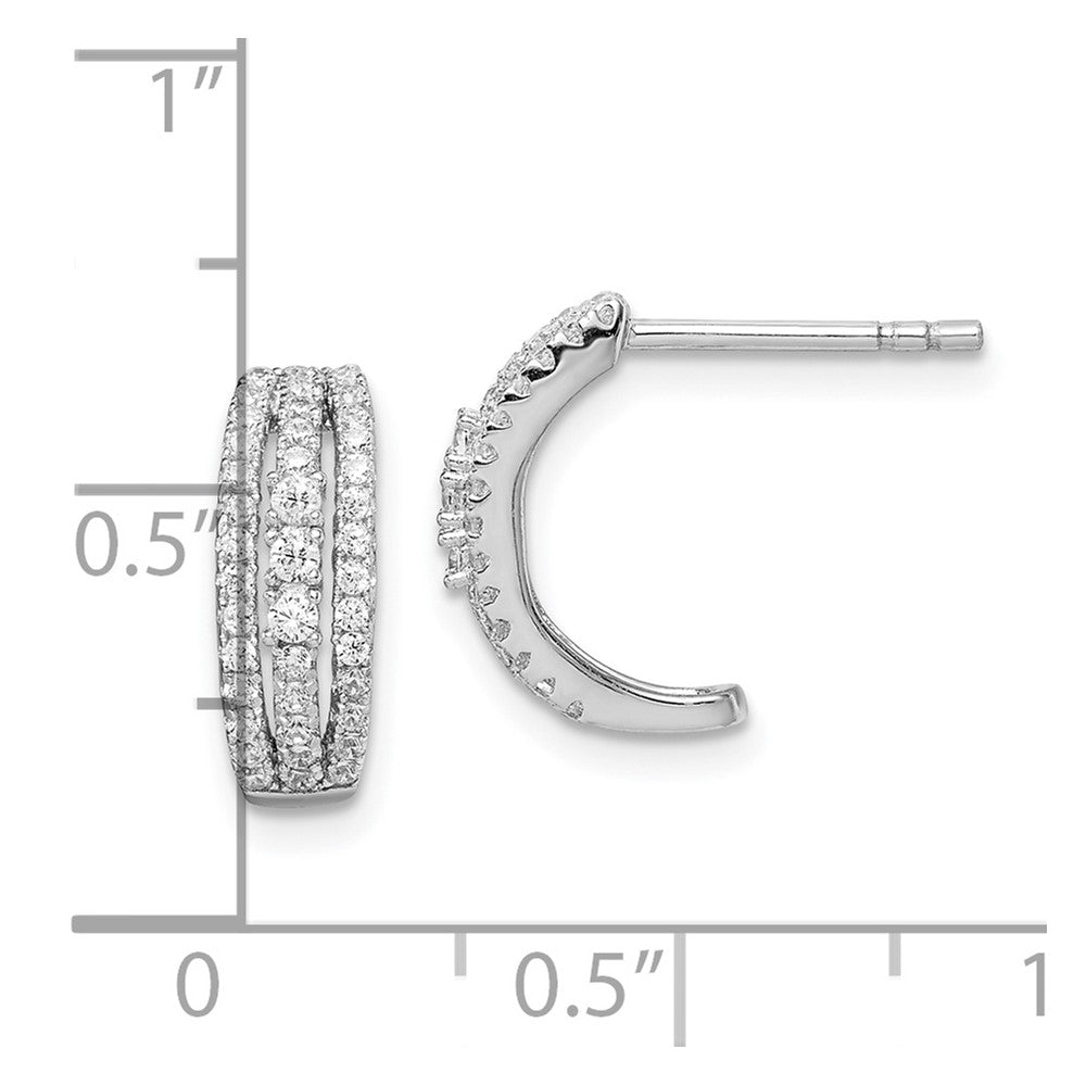 Sterling Silver Rhodium-Plated 3-Row Cz C-Hoop Post Earrings