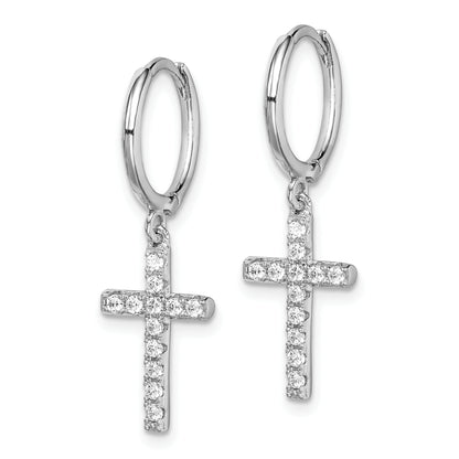 Sterling Silver Rhodium-Plated Cz Cross Dangle Round Hoop Earrings
