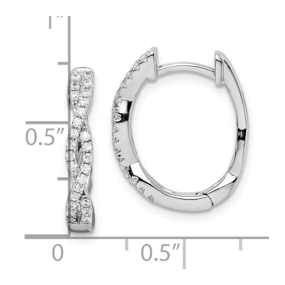 Sterling Silver Rhodium-Plated Cz Twisted Oval Hoop Earrings