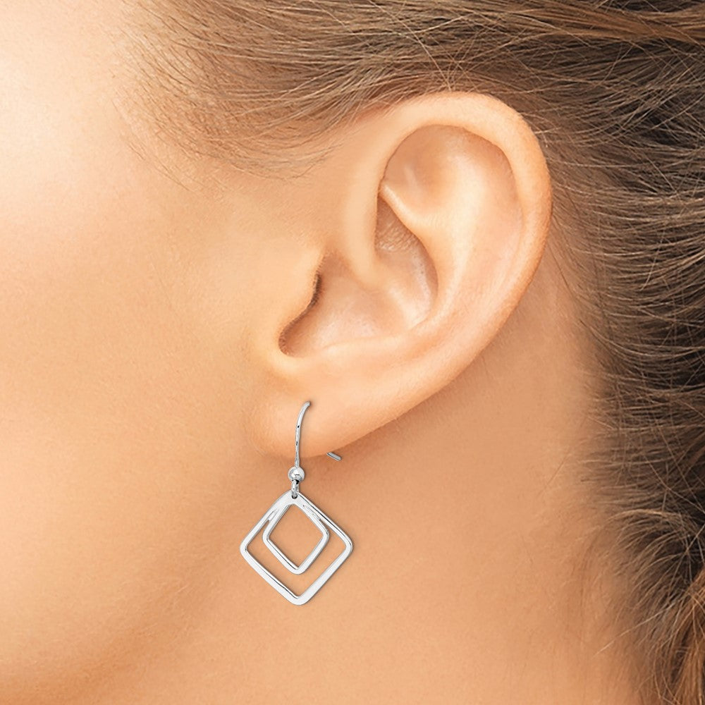 Sterling Silver Rhodium-Plated Double Diamond Shape Dangle Earrings