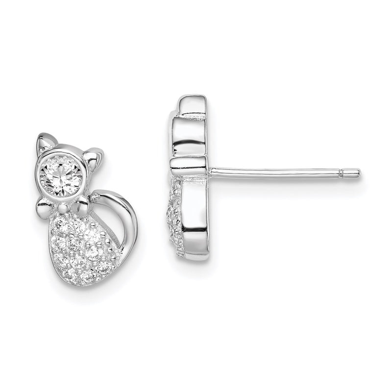 Sterling Silver Rhodium-Plated Polished Cz Cat Post Earrings