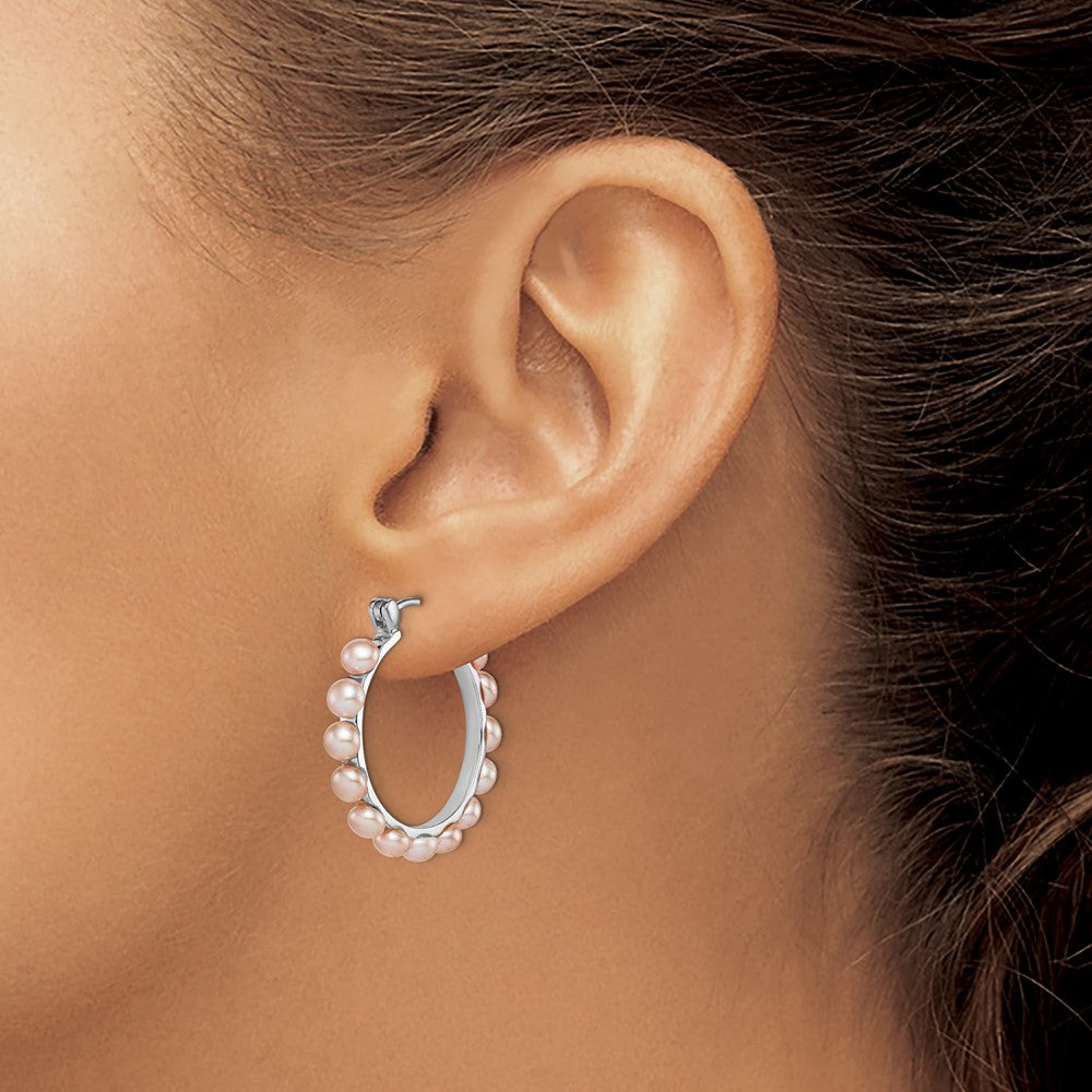 Sterling Silver Rhodium-Plated Polished Pink 4-5mm Button Freshwater Cultured Pearl Round Hoop Earrings