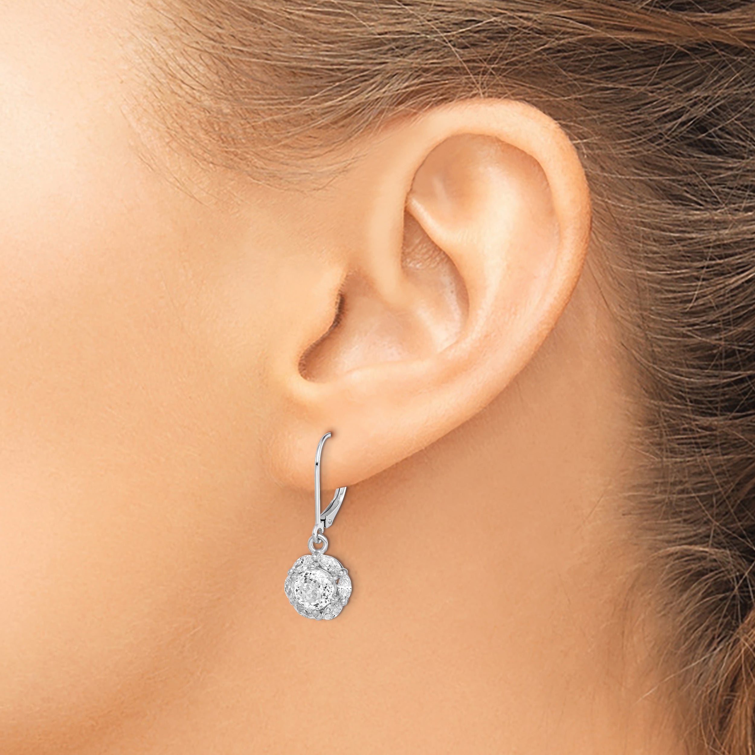 Sterling Silver Rhodium-Plated Polished 6mm Cz Halo Leverback Earrings