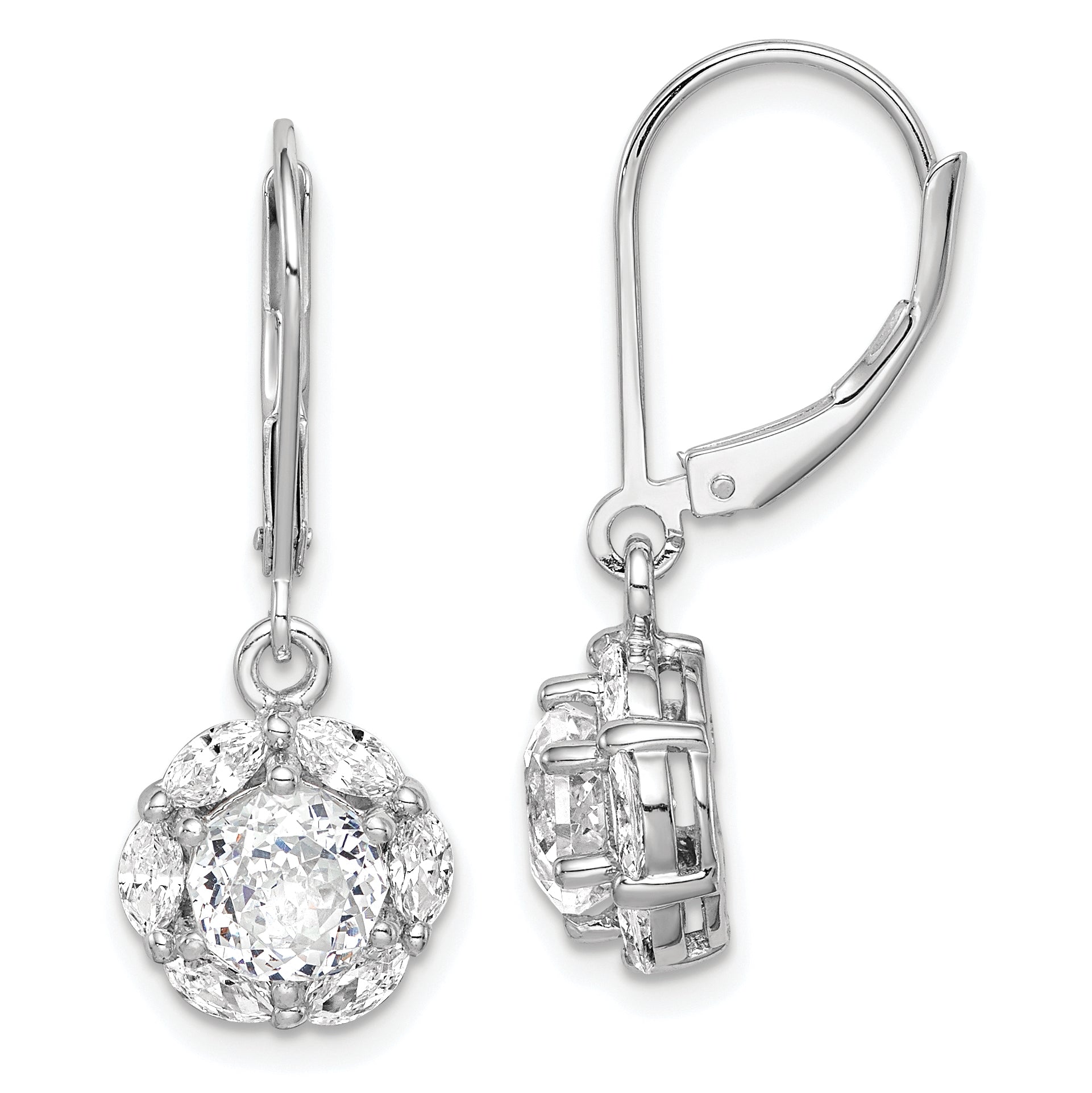 Sterling Silver Rhodium-Plated Polished 6mm Cz Halo Leverback Earrings